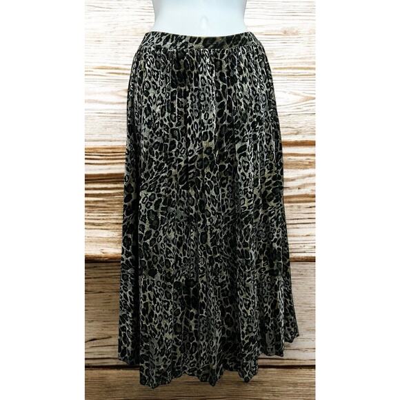 Mystree Animal Print Velour Midi Skirt Sz S Pleated Stretch Elastic Waist - Picture 1 of 4